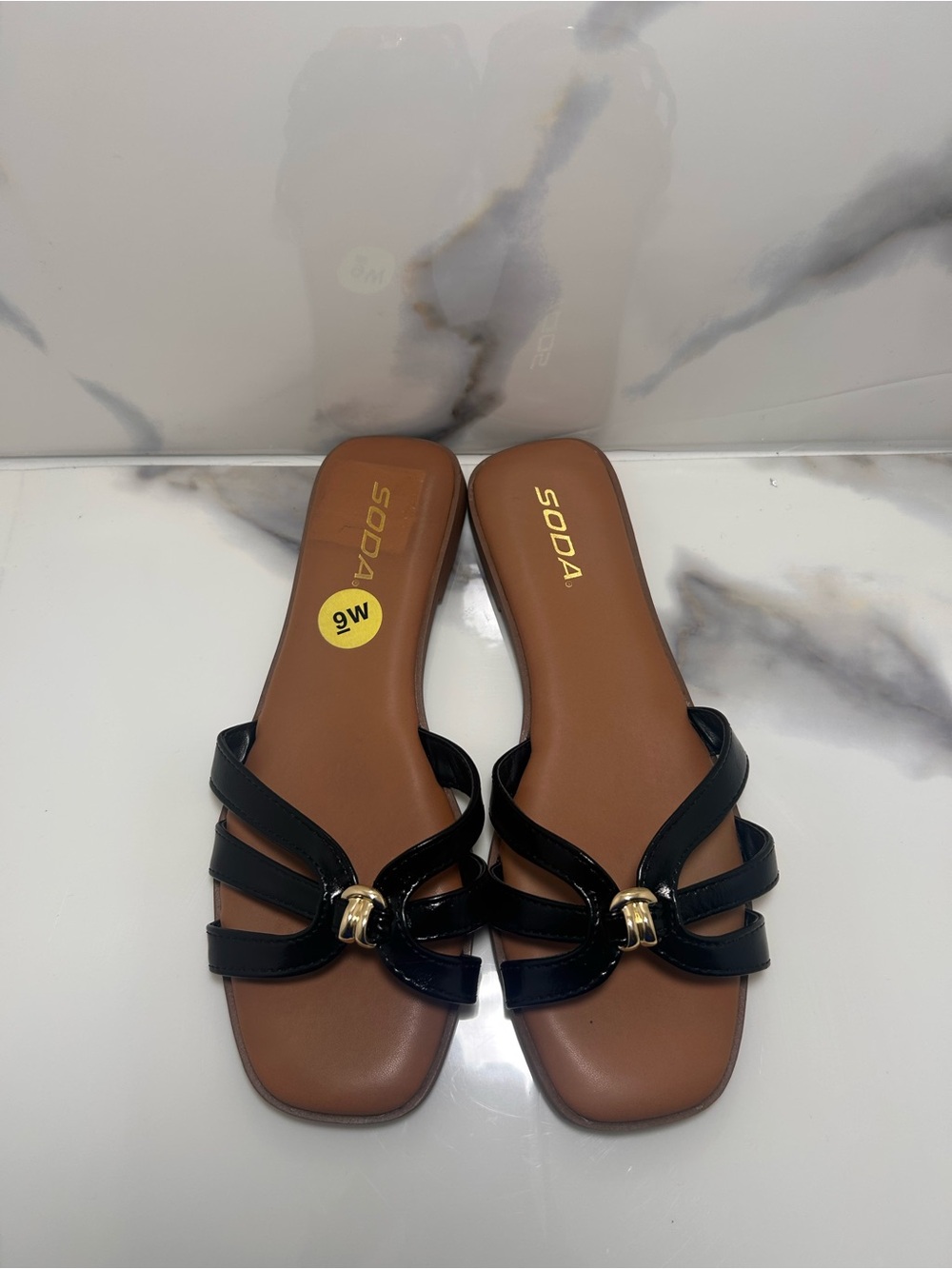 Soda Black Multi‑Strap Slide Sandals with Gold Accent